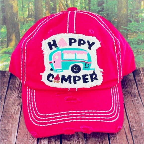HOT PINK Happy Camper Fire Patch Embroidery cap - Picture 1 of 5